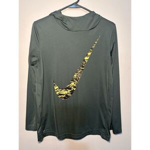 Nike Dri‎ Fit Hoodie Pullover Size Youth XL Olive Green Big Yellow Swoosh